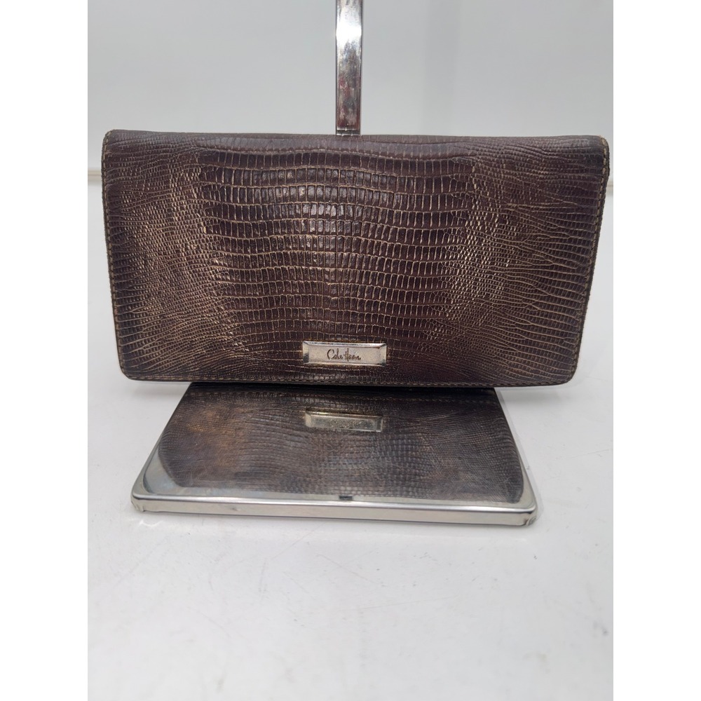 Cole Haan Metallic Bronze Lizard Embossed Leather Slim Continental Wallet